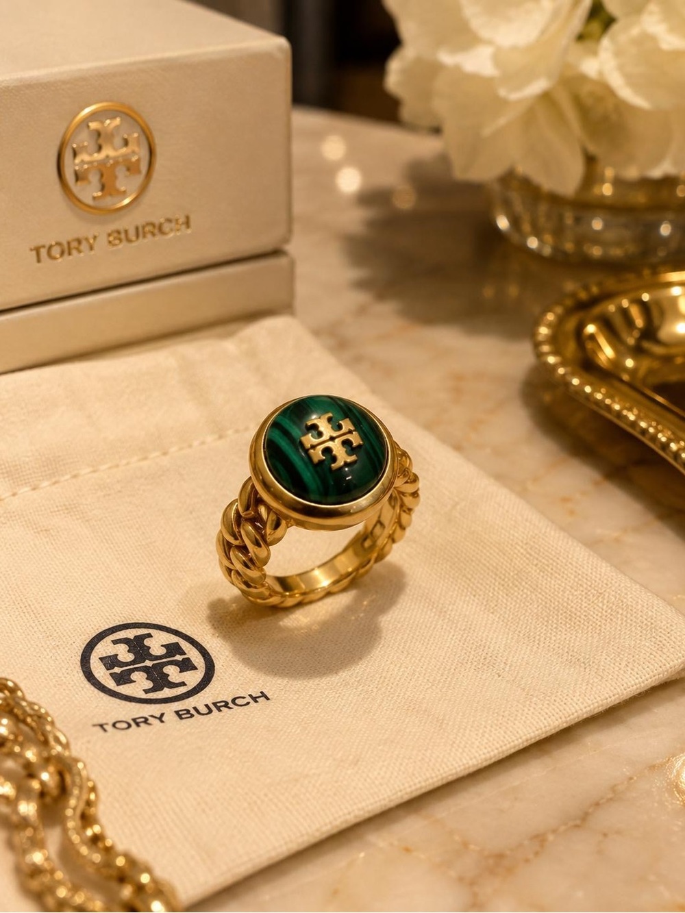 Tory Burch Gold Ring with Green Malachite Center New with pouch